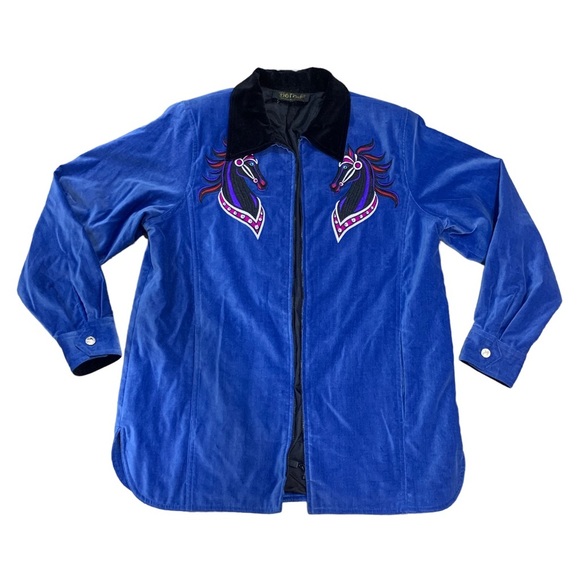 Bob Mackie Jackets & Blazers - Vtg Bob Mackie velvet embroidered horse shacket jacket blue size medium